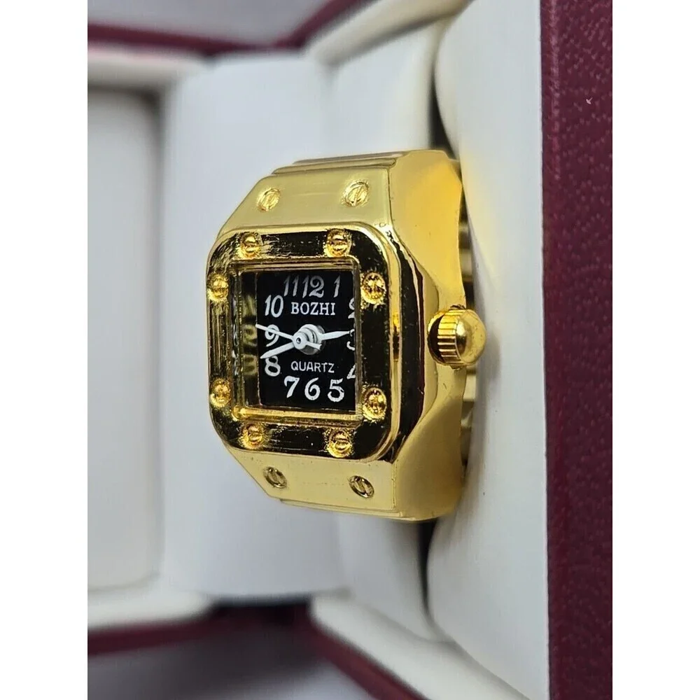 Bozhi Gold Tone Quartz Ring Watch Black Dial New Battery Retro Stretch Accessory